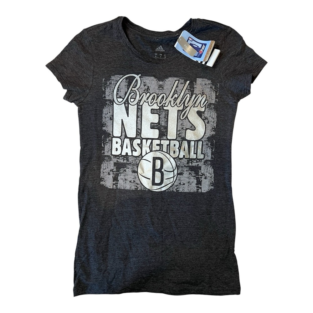 ADIDAS NWT Womens NBA Gray Brooklyn Nets Basketball Fitted T Shirt Top Small
